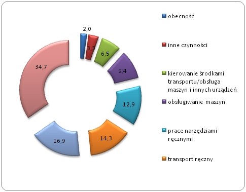 Czynności wykonywane przez poszkodowanego 
w chwili wypadku przy pracy w Polsce w 2014 roku (w %)