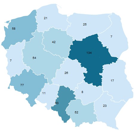 Liczba bankructw w poszczególnych województwach Polski w 2010 roku