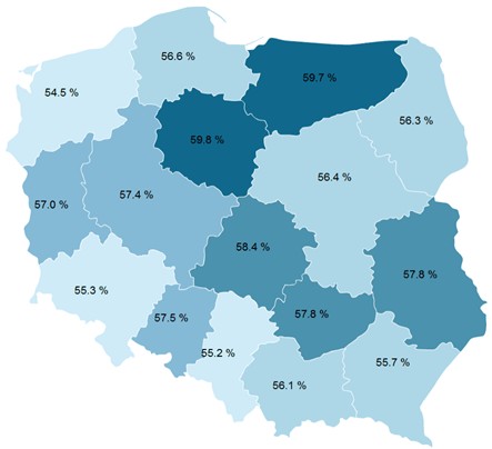 Kobiety w ogólnej liczbie studiujących w Polsce 
według województw w 2007 roku